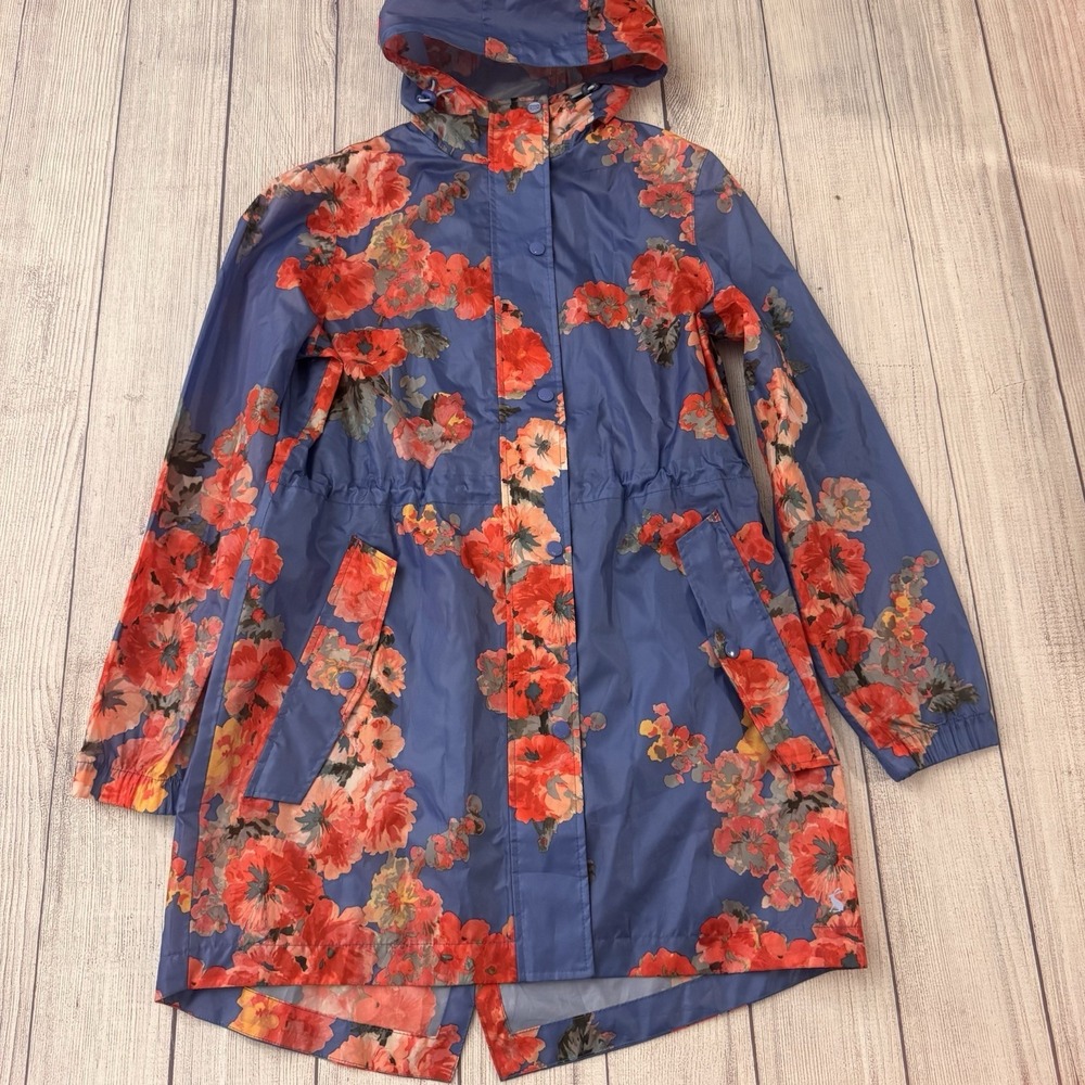 Joules Right As Rain Floral Waterproof Hooded Rain Jacket Blue Red Women's US 6
